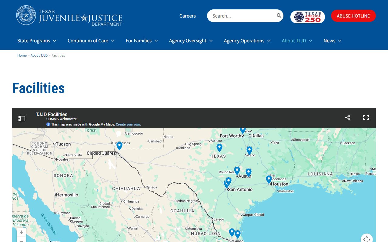 Giddings State Juvenile Correctional Facility listing on the TJJD facilities page